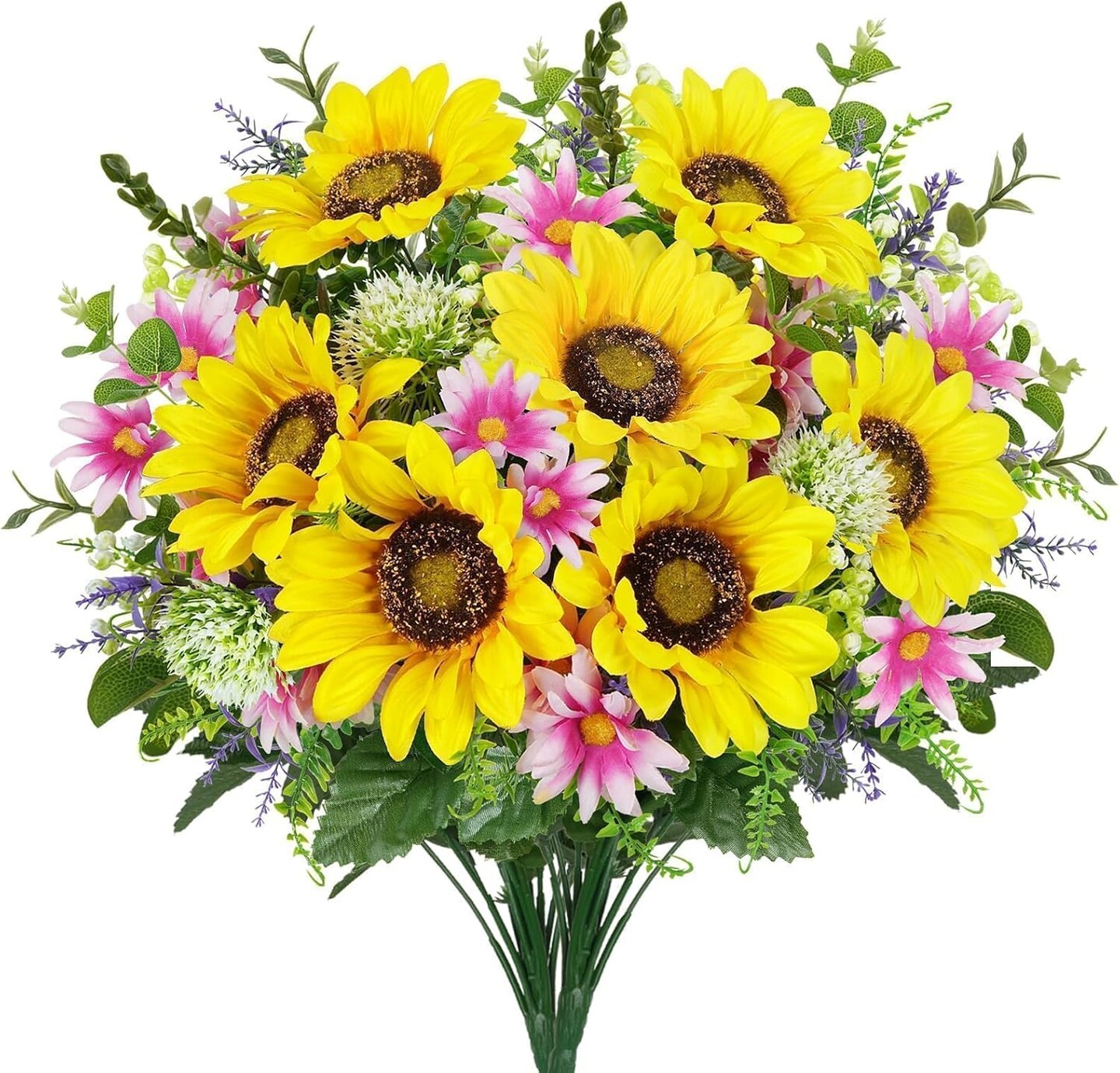 2pcs Cemetery Flowers for Grave Artificial Sunflowers Bouquet Faux Wildflowers with Daisy Spring Flowers for Grave Vase Floral Arrangements Wedding Table Centerpieces Home Decor