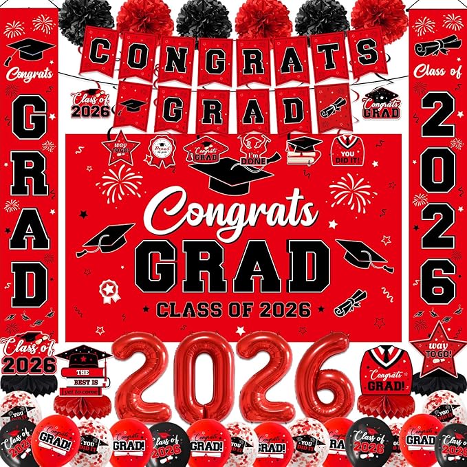 Class of 2026 Graduation Decorations - Red Congrats Grad Party Kit with Banner, Large Backdrop, Door Signs, 2026 Foil Balloons & Table Centerpieces - 40+ Piece Set