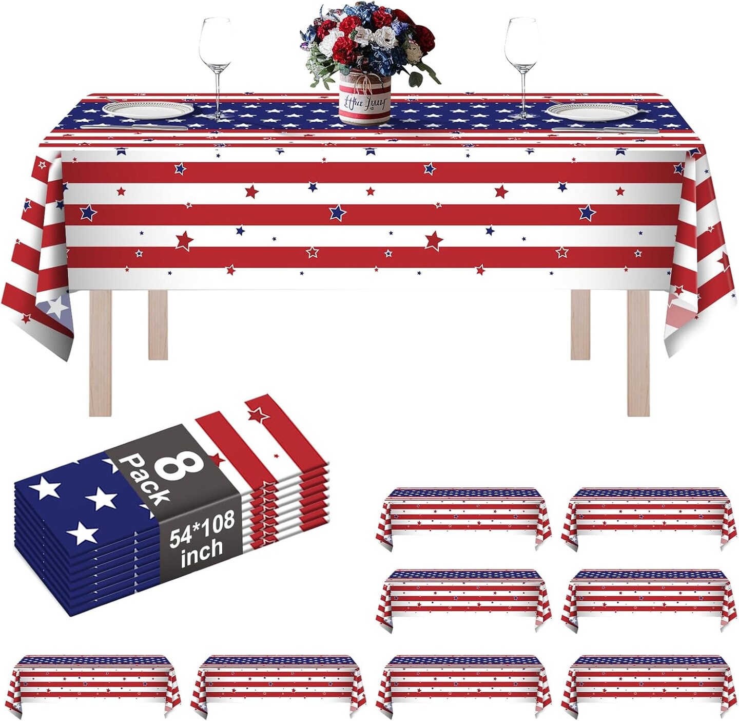 4th of July Table Cloths – 8 Pack American Flag Disposable Plastic Table Covers, 54" x 108" Rectangle, Waterproof Party Tablecloths for Independence Day