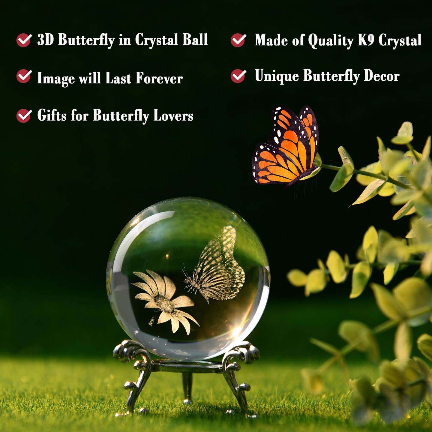 3D Butterfly Crystal Ball 60mm Gifts Ideas for Girlfriend Wife Mom Couple Her Butterfly on Sunflower in Glass Ball with Stand Flower Sphere Novelty Home Decor