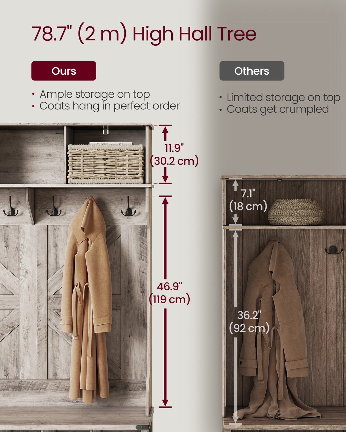 Farmhouse Style Entryway Hall Tree with Shoe Organizer and Bench, Multi function Coat Rack with Adjustable Storage Compartments and Hooks