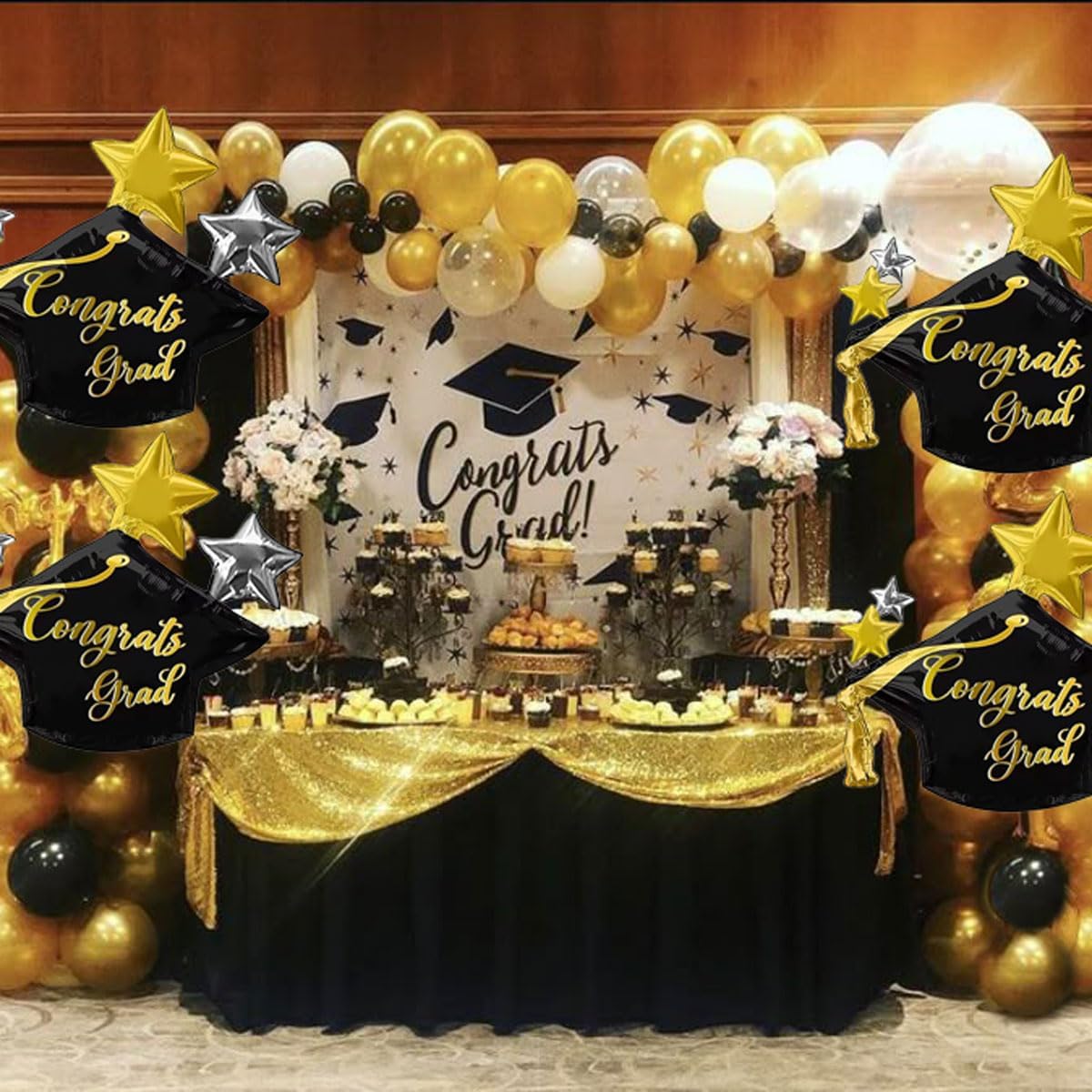 Graduation Party Balloons – 4-Piece Large 28” Congrats Grad Cap Foil Balloons for Class of 2026 Graduation Decorations (Indoor & Outdoor Party Supplies)