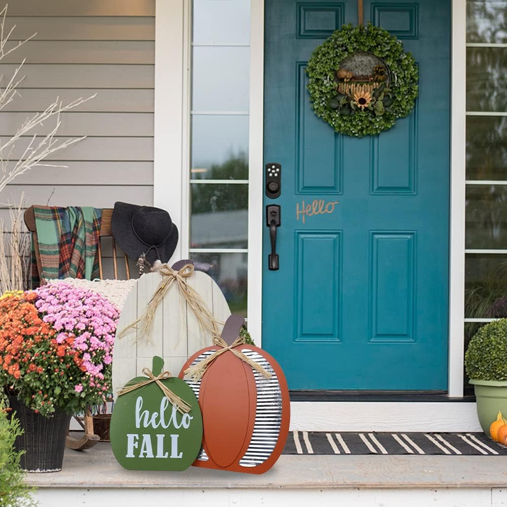 3 Pack 24&#x22; Pumpkin Wood Porch Standing Decor