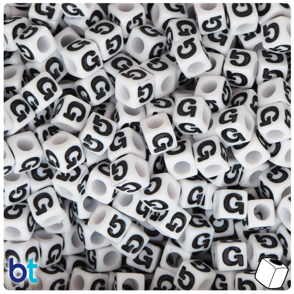 BeadTin White Opaque 7mm Cube Plastic Alpha Beads - Black Letter G (75pcs)