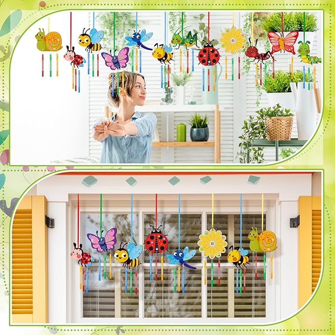 24 Sets Spring Craft Set Butterfly Bee Flower Wind Chime Kit Make Your Own Spring Gifts DIY Coloring Wooden Decoration for Spring Themed Party Supplies