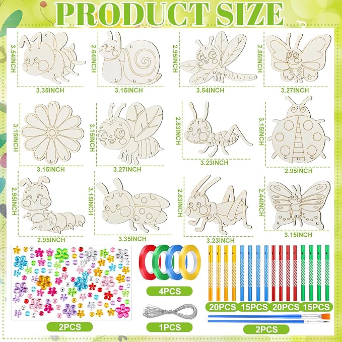 24 Sets Spring Craft Set Butterfly Bee Flower Wind Chime Kit Make Your Own Spring Gifts DIY Coloring Wooden Decoration for Spring Themed Party Supplies