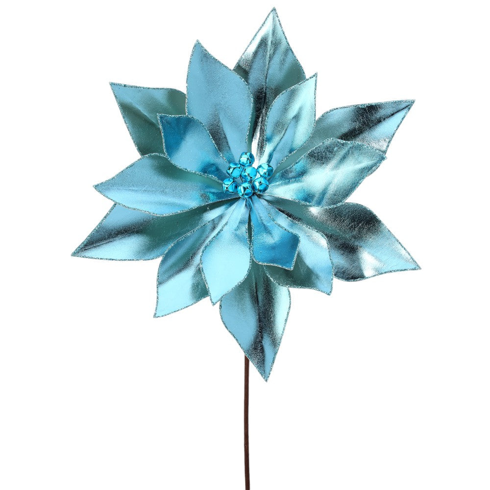 24&#x22; Aqua Blue Retro Poinsettia Stem with Jingle Bells - Elegant Christmas Floral Decoration