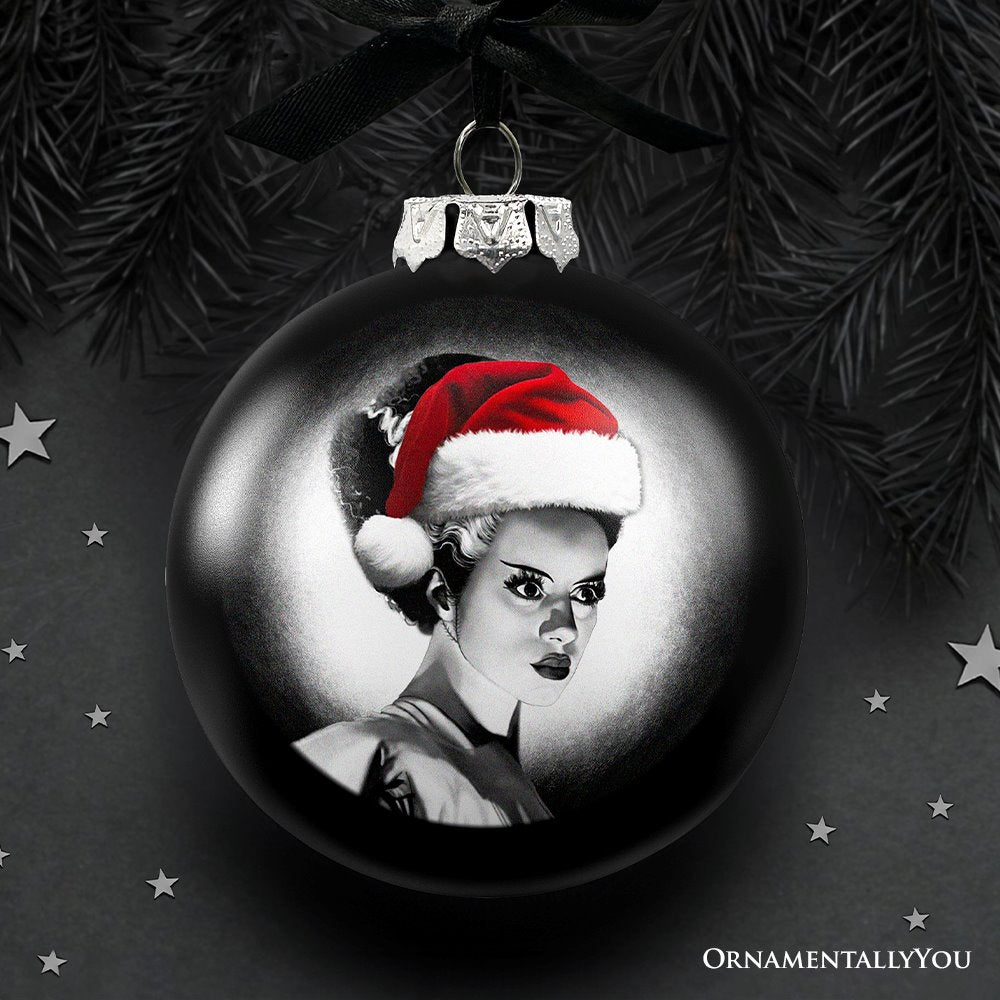 Frankenstein&#x27;s Bride Christmas Spooky Portrait Glass Ornament, Black Horror Halloween Tree Decoration