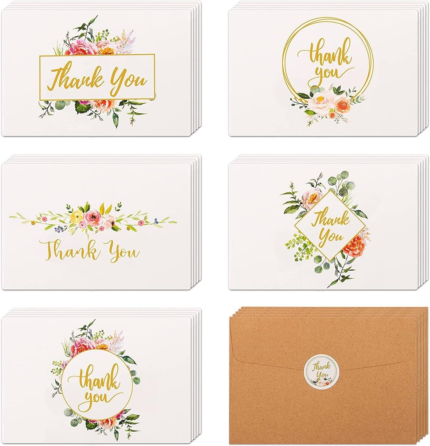 40 Floral Thank You Cards with Envelopes Stickers White Greeting Cards Flower Blank Note Cards for Wedding Baby Shower Bridal Birthday Party