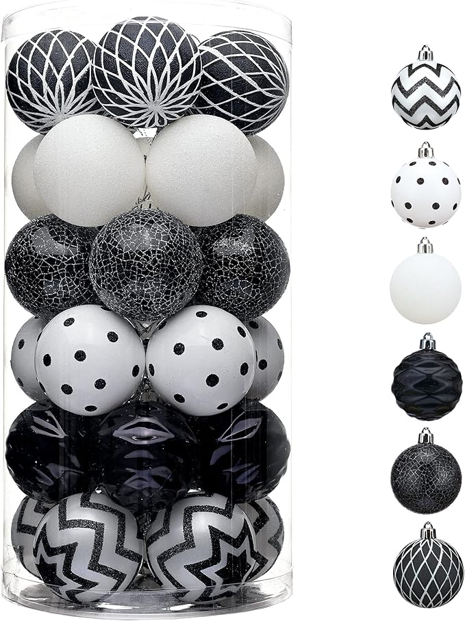 Christmas Ornaments Tree Decorations, 30ct Black and White Shatterproof Christmas Ball Ornaments Set, 2.36 Inch Modern Decorative Hanging Ornament Bulk for Xmas Holiday Party Decor