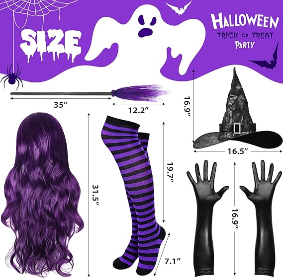 5 Pcs Womens Halloween Witch Costumes Set 2024 Adult Wig Hats Broom Gloves Stockings for Girl Party Cosplay Accessories