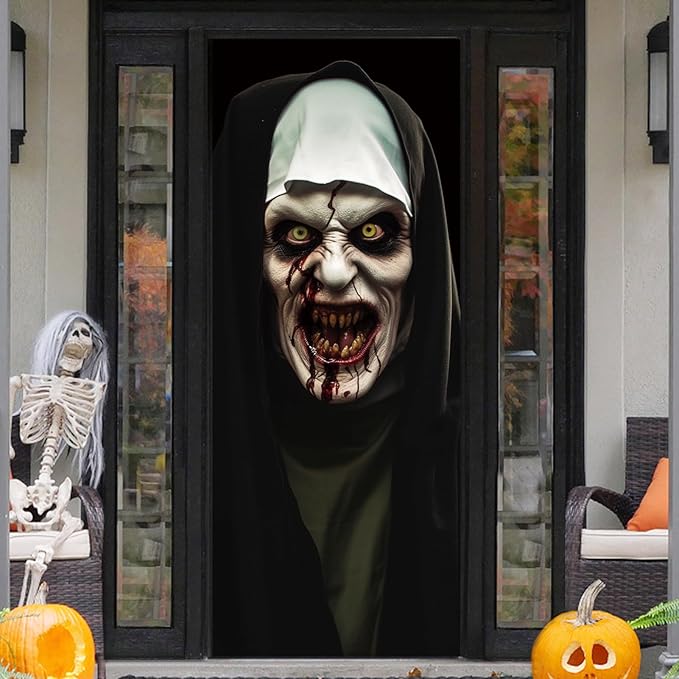 Halloween 3D Nun Door Cover Sticker, 30 x 80 Inch Halloween Door Decorations Lifelike Bloody Nun Wallpaper Cover for Front Door House Room Decor, Party Outdoor Supplies