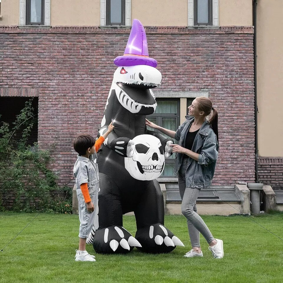 8ft Halloween Inflatable Blow up Skeleton Dinosaur w/ Flickering Eyes & Speaker