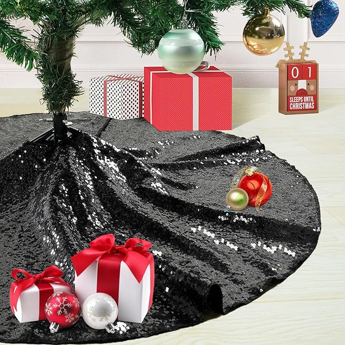 Sequin Tree Skirt for Christmas 36 Inch Black Sparkly Halloween Decoration Thick Satin Backing
