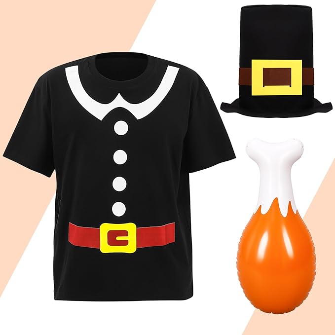 12 ft Giant Sized Skeleton Costume Set Extra Large Shirt and Hat Inflatable Turkey Leg for Garden Lawn Outdoor Decor (Skeleton Not Included) (Pligrim)