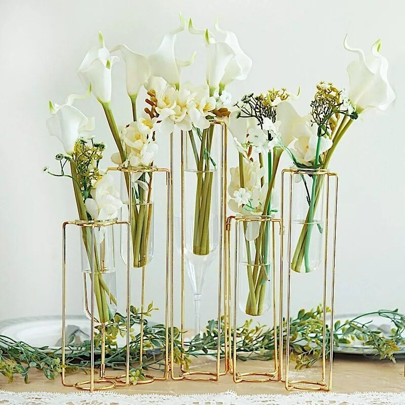 14" long Gold 5 Jointed Geometric Flower Vase Holders with Glass Test Tubes