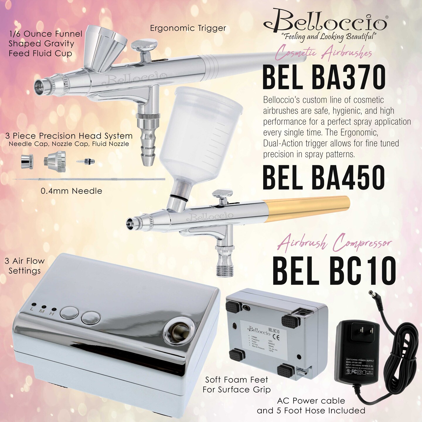 Belloccio Ultimate Airbrush Makeup & Spray Tanning System; Makeup & Tanning Airbrushes, Dark Shade Foundations, Blushes & Tanning Solution