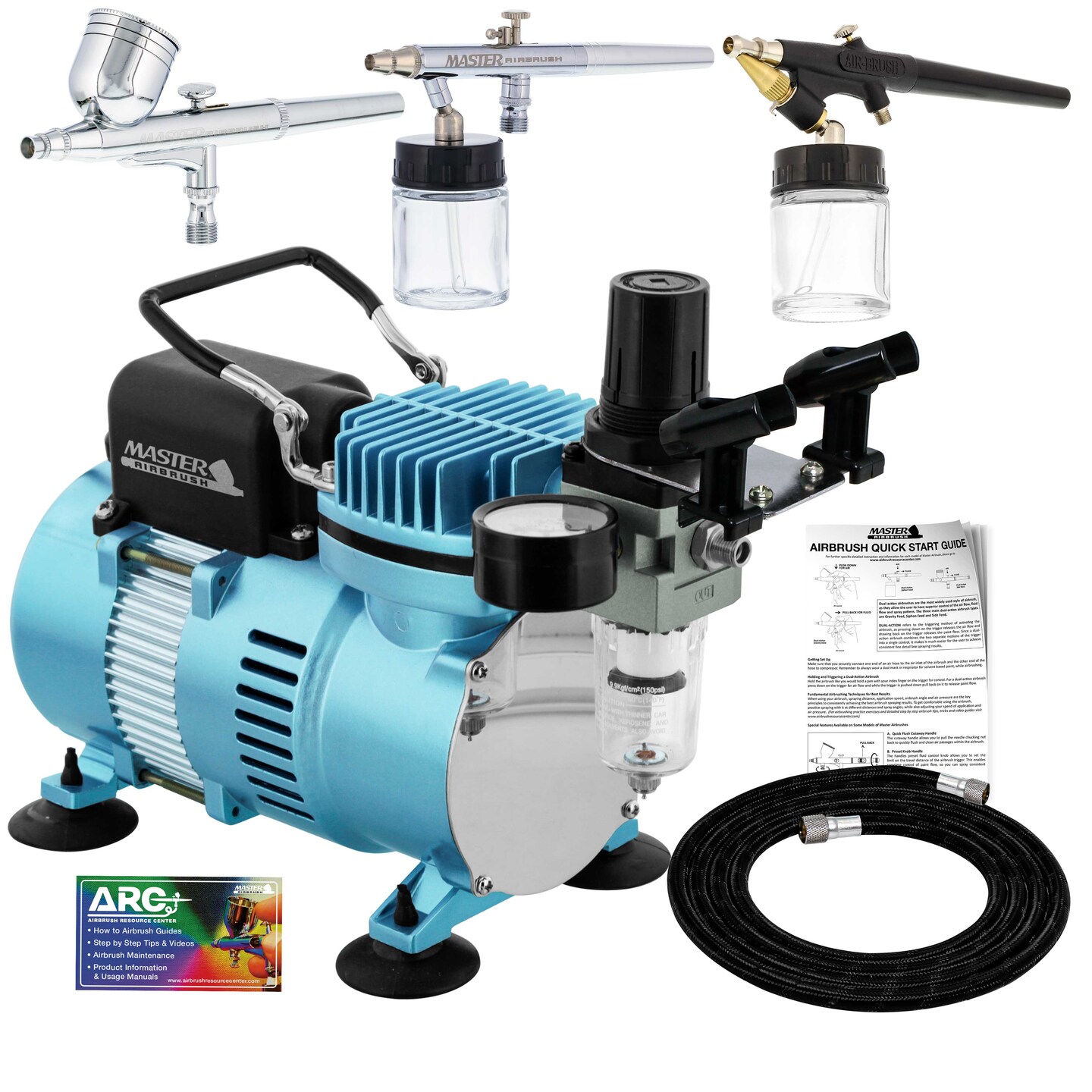 Cool Runner II Dual Fan Air Compressor Airbrushing System with 3 Airbrush Sets, 0.3 mm Gravity &#x26; 0.35, 0.8mm Siphon Feed - Hose, How To Airbrush Guide