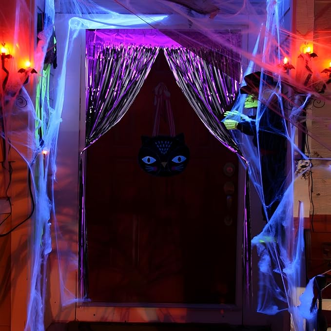 4 Pack Halloween Party Decorations,Black and Purple Tinsel Foil Fringe Curtains,Halloween Theme Photo Booth Prop Streamer Backdrop Decor Indoor Outdoor Party Supplies for Birthday Anniversary