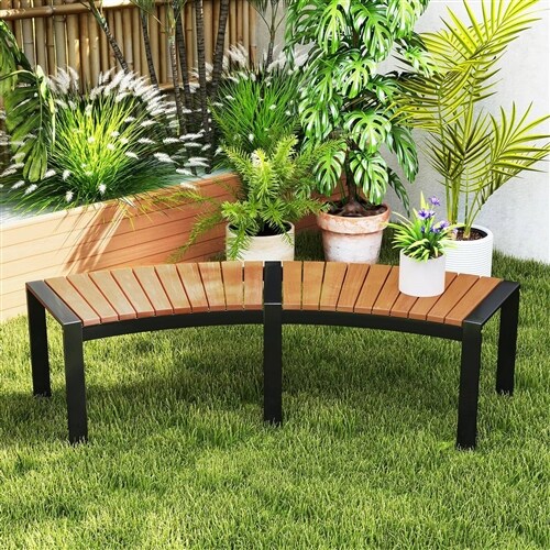 Natural Black Acacia Wood Metal Outdoor Curved Backless Garden Bench