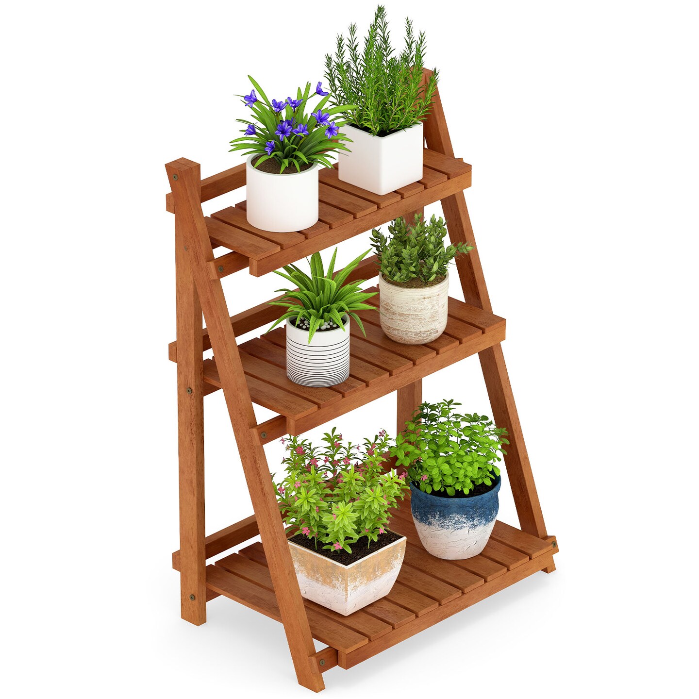 3-Tier Wooden Ladder Plant Stand Foldable Indoor Outdoor Flower Shelf Display Rack