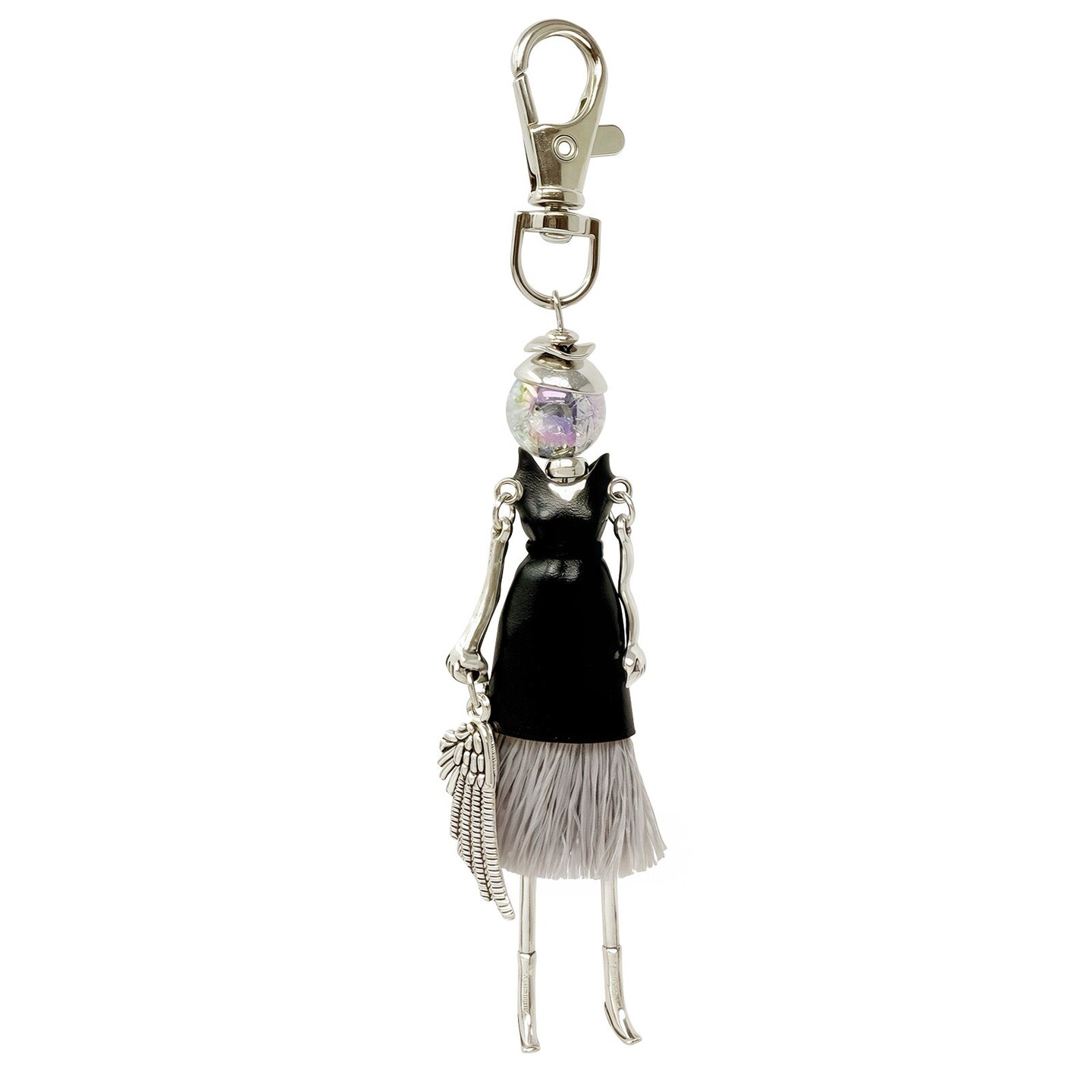 Wrapables Hanging Fashionista Doll Keychain, Crystal Rhinestone Keyring Bag Charm, Black Leather