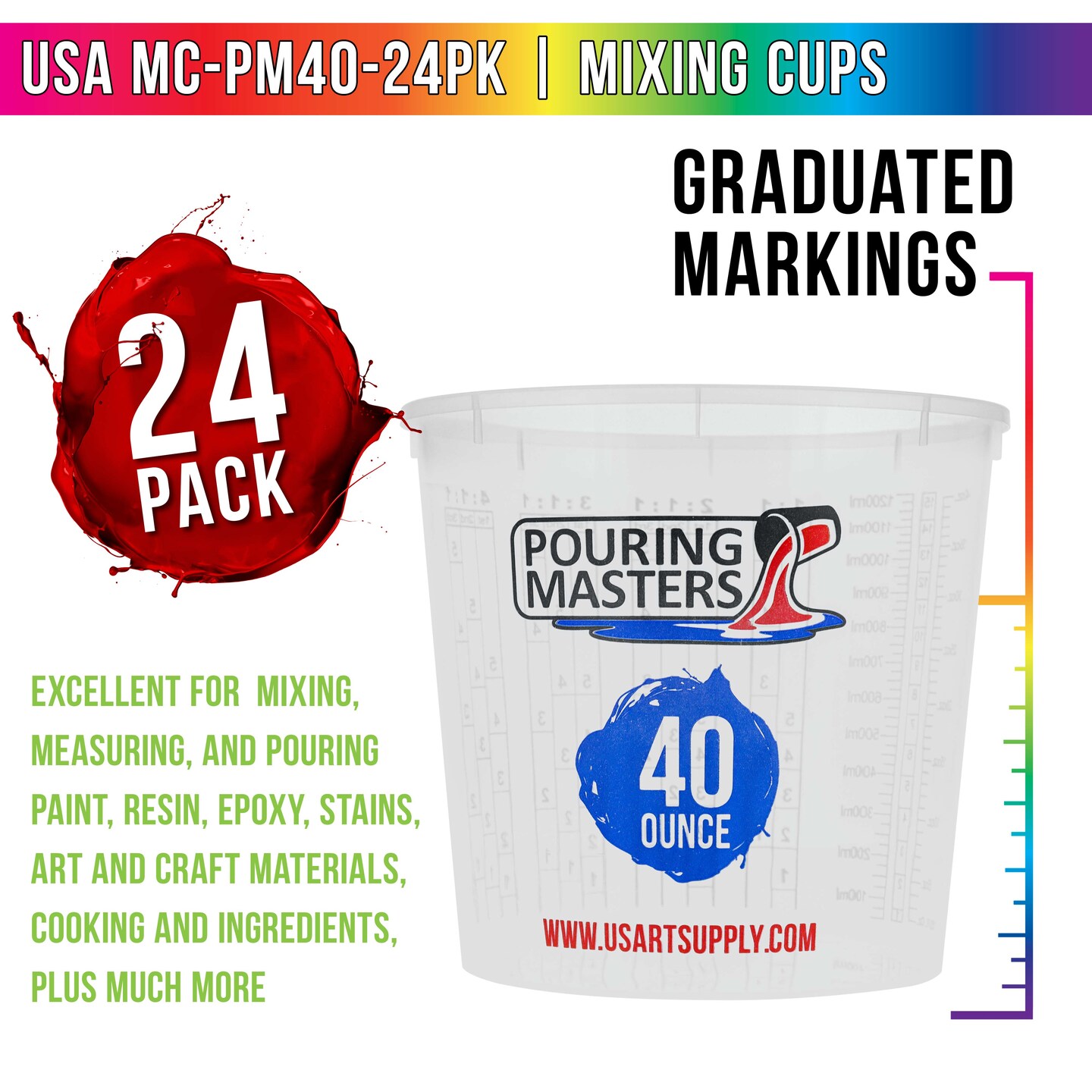 40 Ounce (1200ml) Graduated Plastic Mixing Cups (Box of 24) - Paint Mixing Cups for Epoxy Resin, Art, Kitchen, Baking - Measurements in OZ and ML, 4 Different Measuring Ratios 1:1