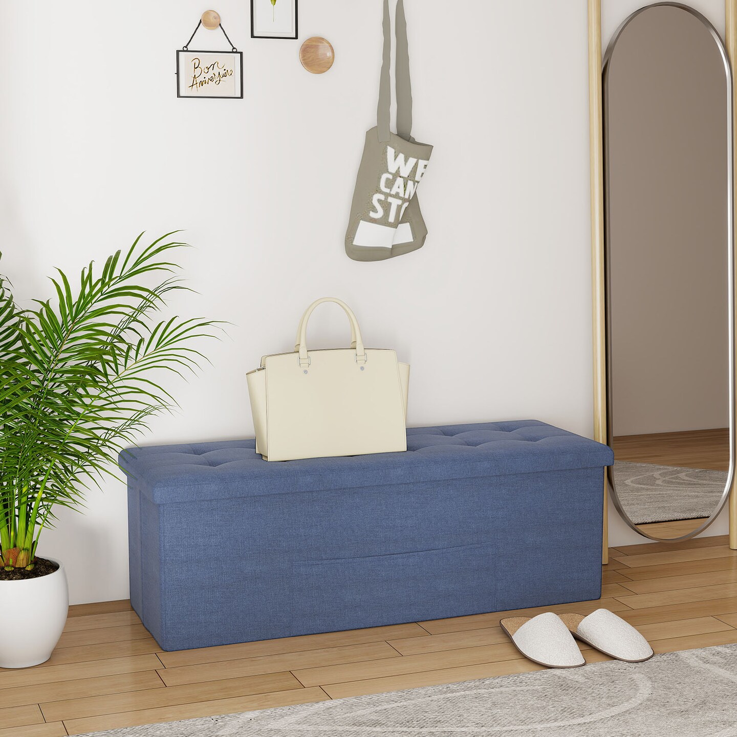 Linen Fabric Storage Ottoman Bench with Folding Design and 38-Gallon Capacity for Seat or Footrest