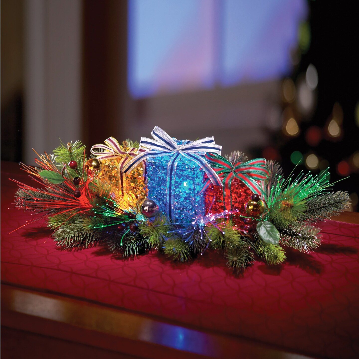 Collections Etc Lighted Gift Box Floral Christmas Centerpiece