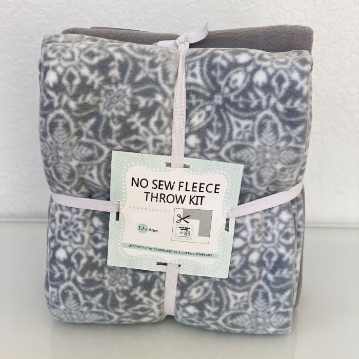 Floral Pattern Gray Anti-Pill No Sew Throw Fleece Fabric Kit