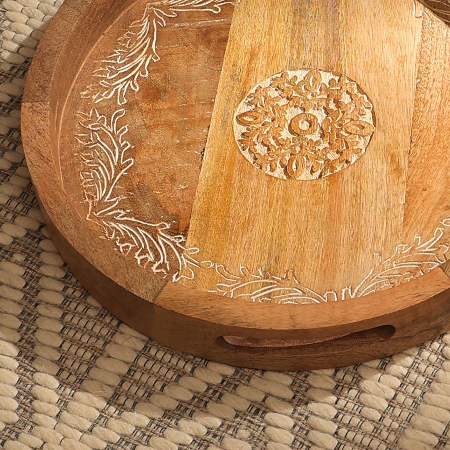 Handcrafted Round Wooden Serving Tray – Rustic Engraved Decorative Tray| Set of 2