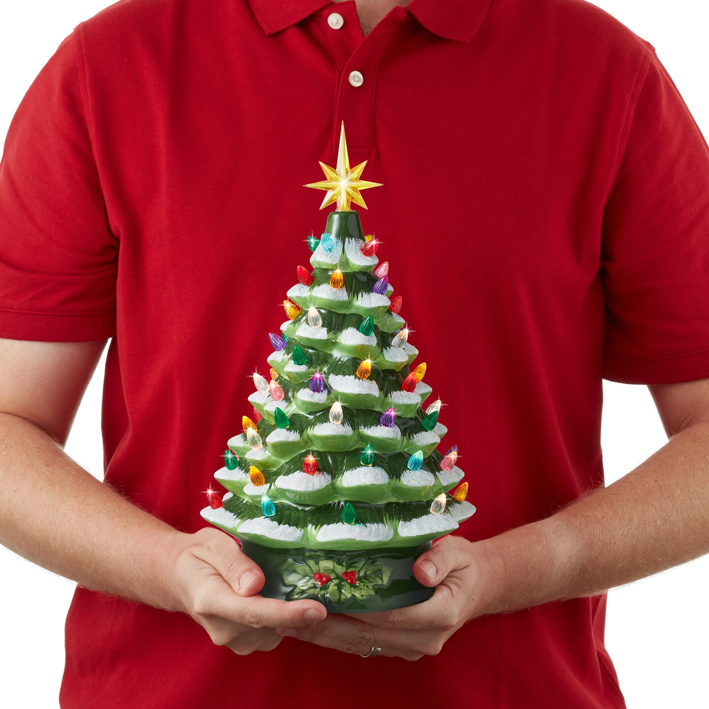 Casafield Hand Painted Ceramic Christmas Tree, Green Snow Flocked 15-Inch Pre-Lit Tree with 128 Multi-color Lights and 2 Star Toppers
