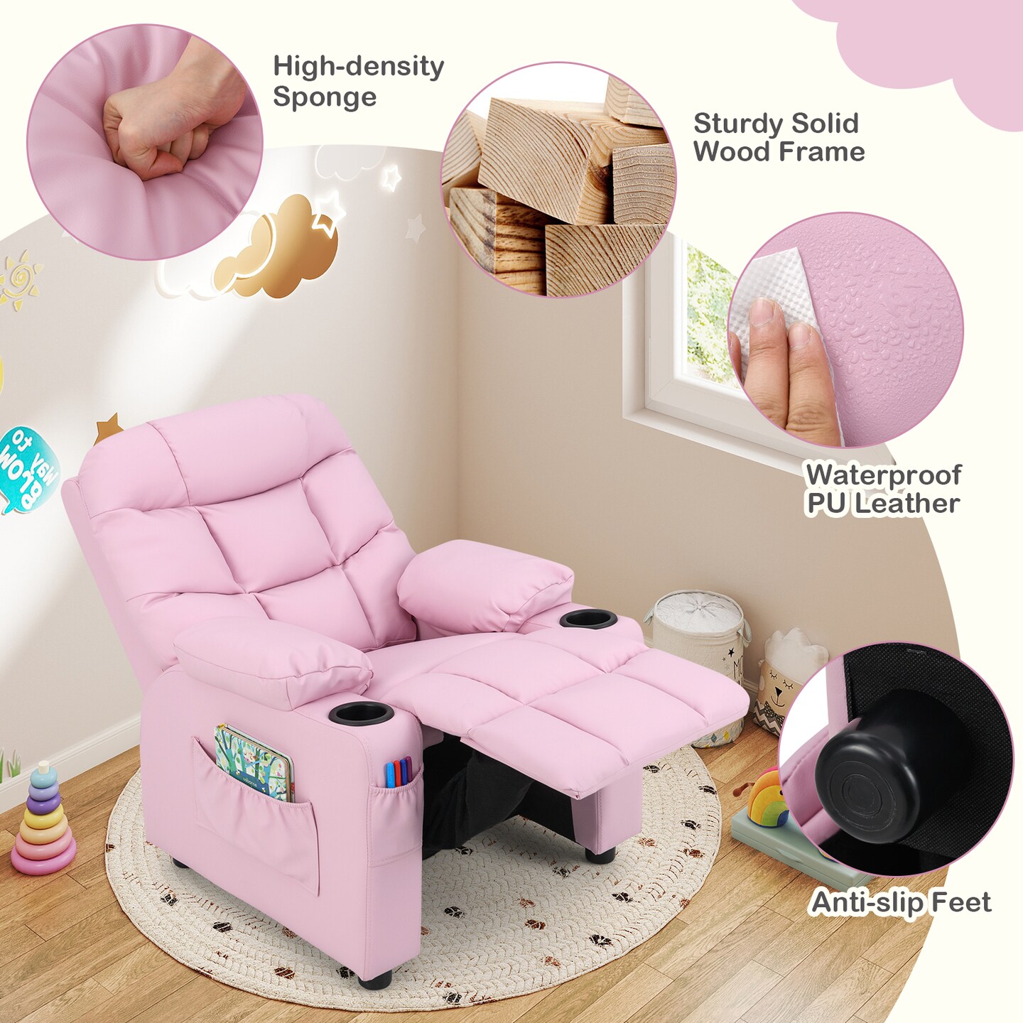 Light Pink PU Leather Kids Recliner Chair with Footrest and Storage
