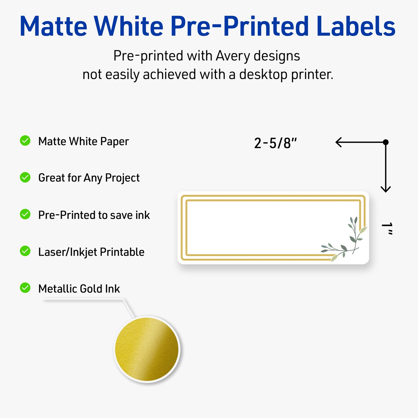 Avery Printable Rectangle Labels with Sure Feed Technology, Double Gold Border with Florals Design, 1" x 2-5/8", Matte White Permanent Labels, Laser/Inkjet, 160 Total, Great for Address Labels