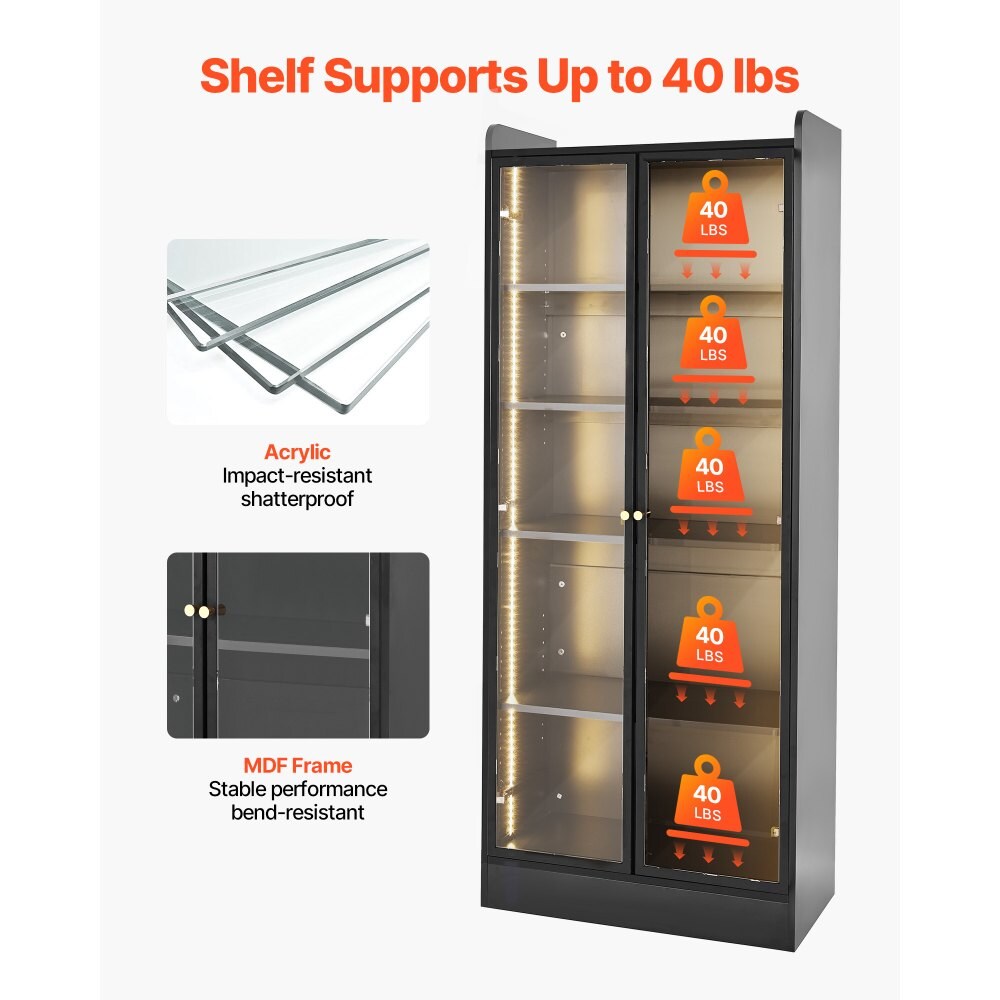 5-Tier Black Floor Standing Display Cabinet with Glass Doors and 3-Color LED Lighting