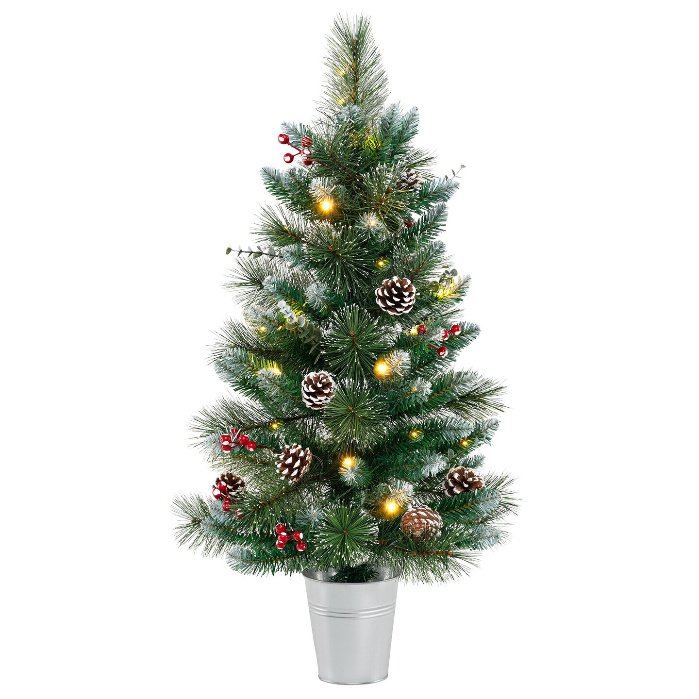Green-White PVC Tabletop Mini Christmas Tree with LED Lights, Berries and Pine Cones