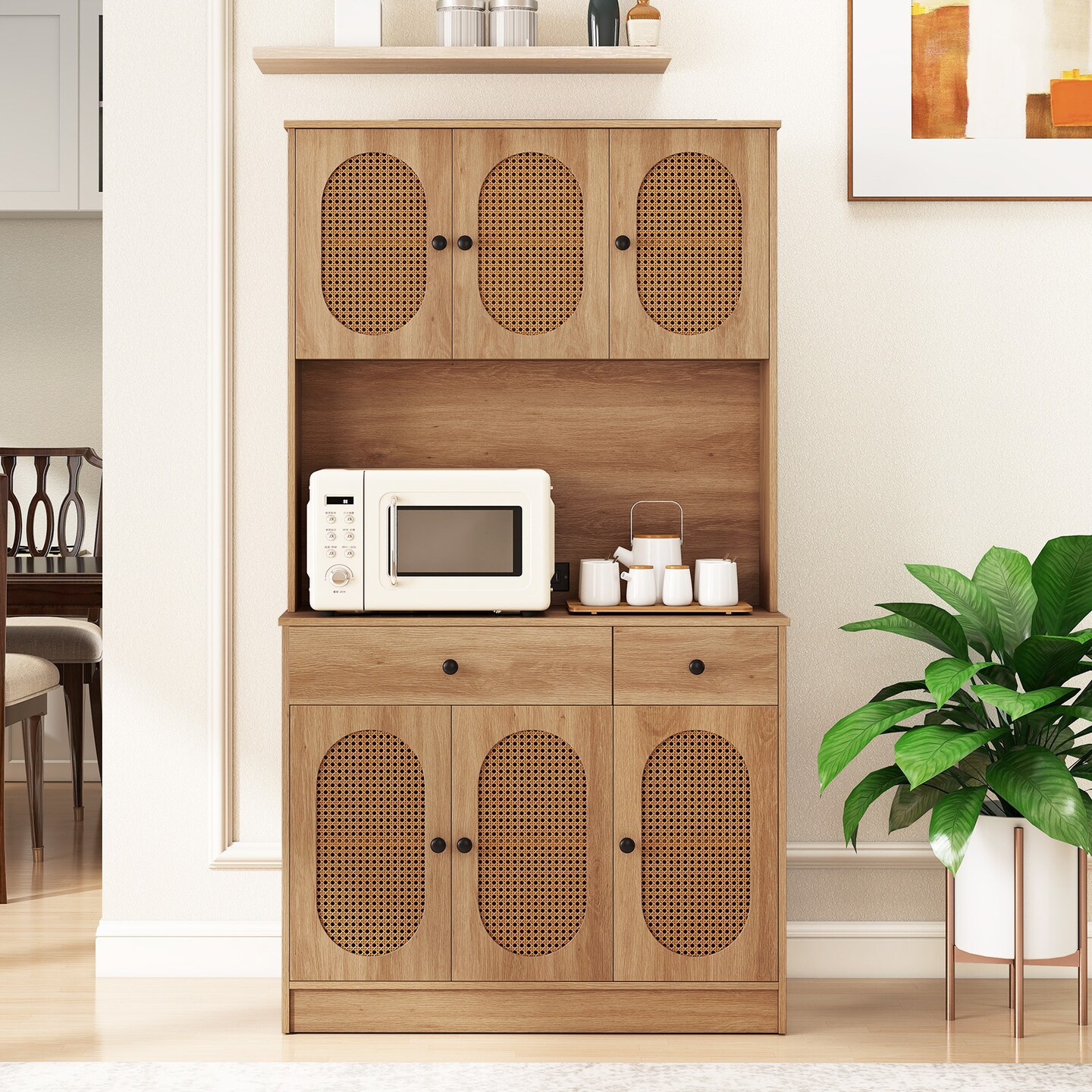 71&#x22; Tall Natural Wooden Kitchen Storage Cabinet with Drawers and Adjustable Shelves and Rattan Doors