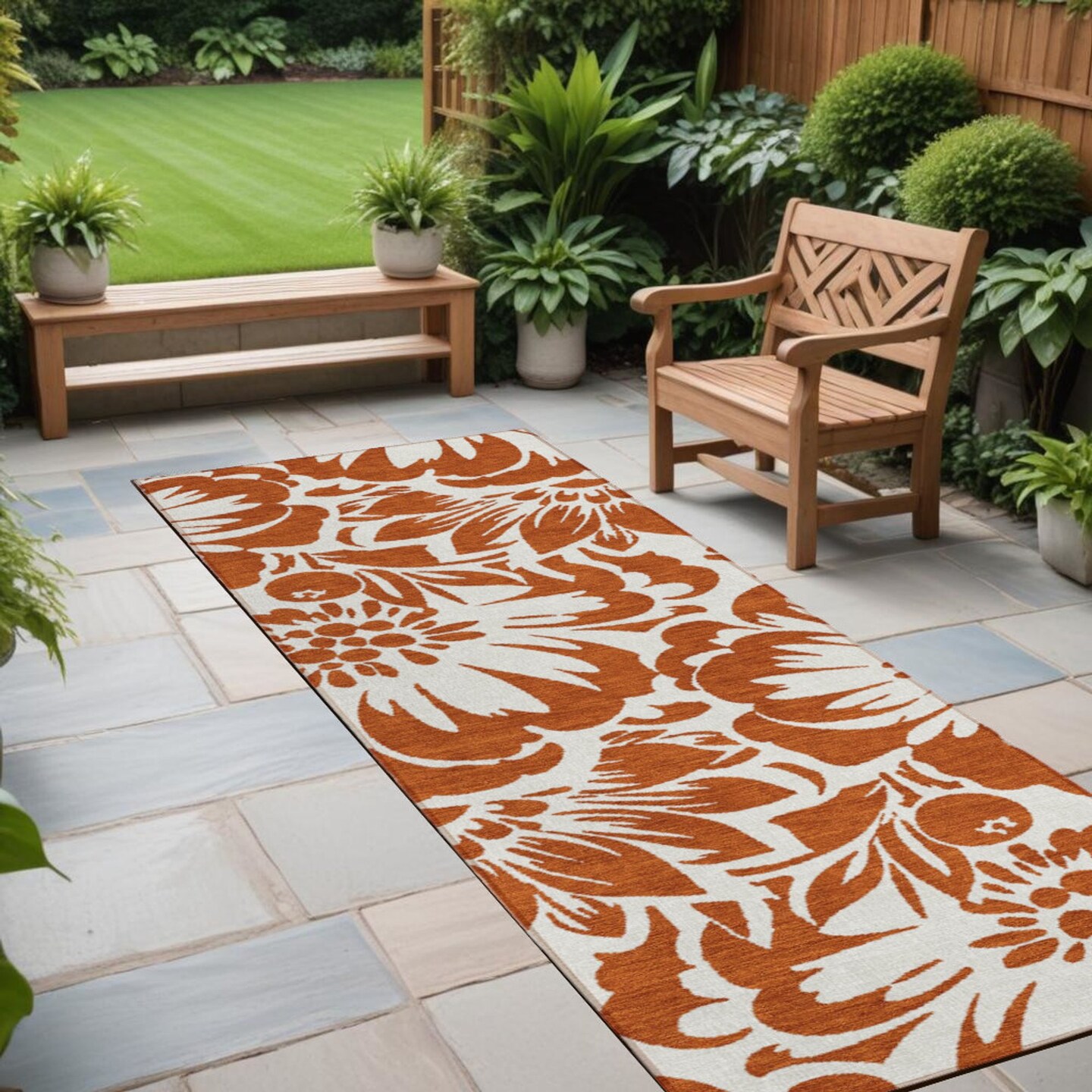 Edge Collections - 2' x 8' - Brown - Floral Indoor Outdoor Runner Rug - 1 Piece