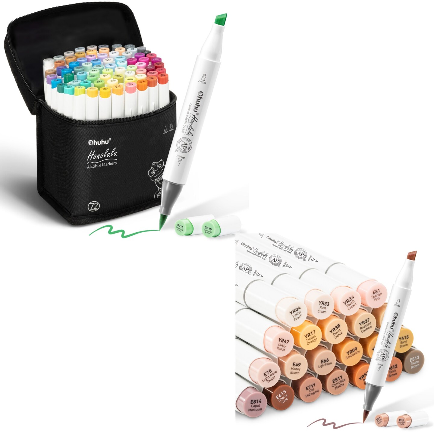 Ohuhu Honolulu 72 Colors + 24 Skin Tones Alcohol-Based Markers, Brush & Chisel, Dual Tips Art Markers Bundle