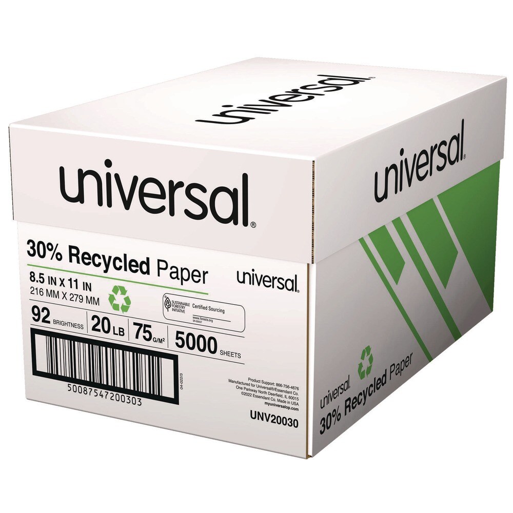 Universal 20 lbs. Bond Weight 92 Bright 8.5 in. x 11 in. 30% Recycled Copy Paper - White (500 Sheets/Ream, 10 Reams/Carton)