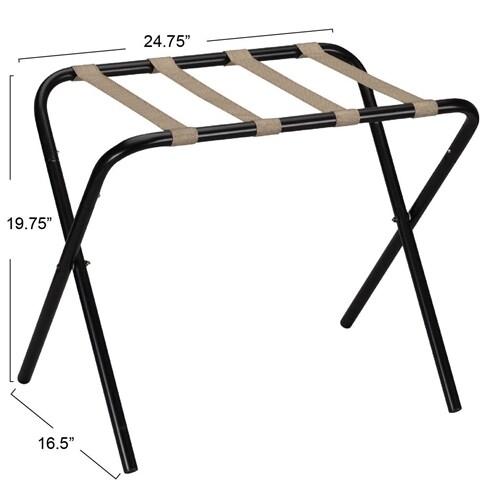 Guest Room Luggage Rack with Collapsible Black Frame and Tan Khaki Straps for Suitcases