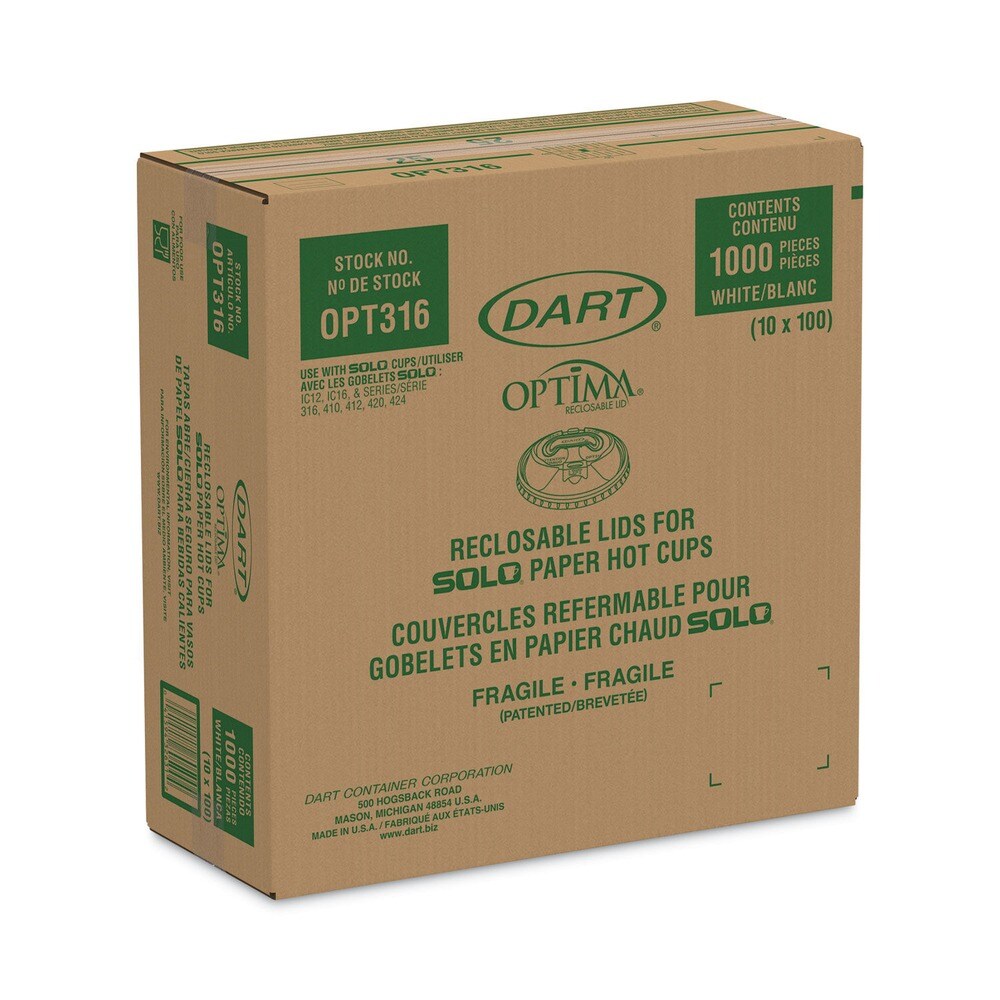 Dart Optima Reclosable Lids for Paper Hot Cups fits 10 oz. - 24 oz. Cups - White (1000/Carton)