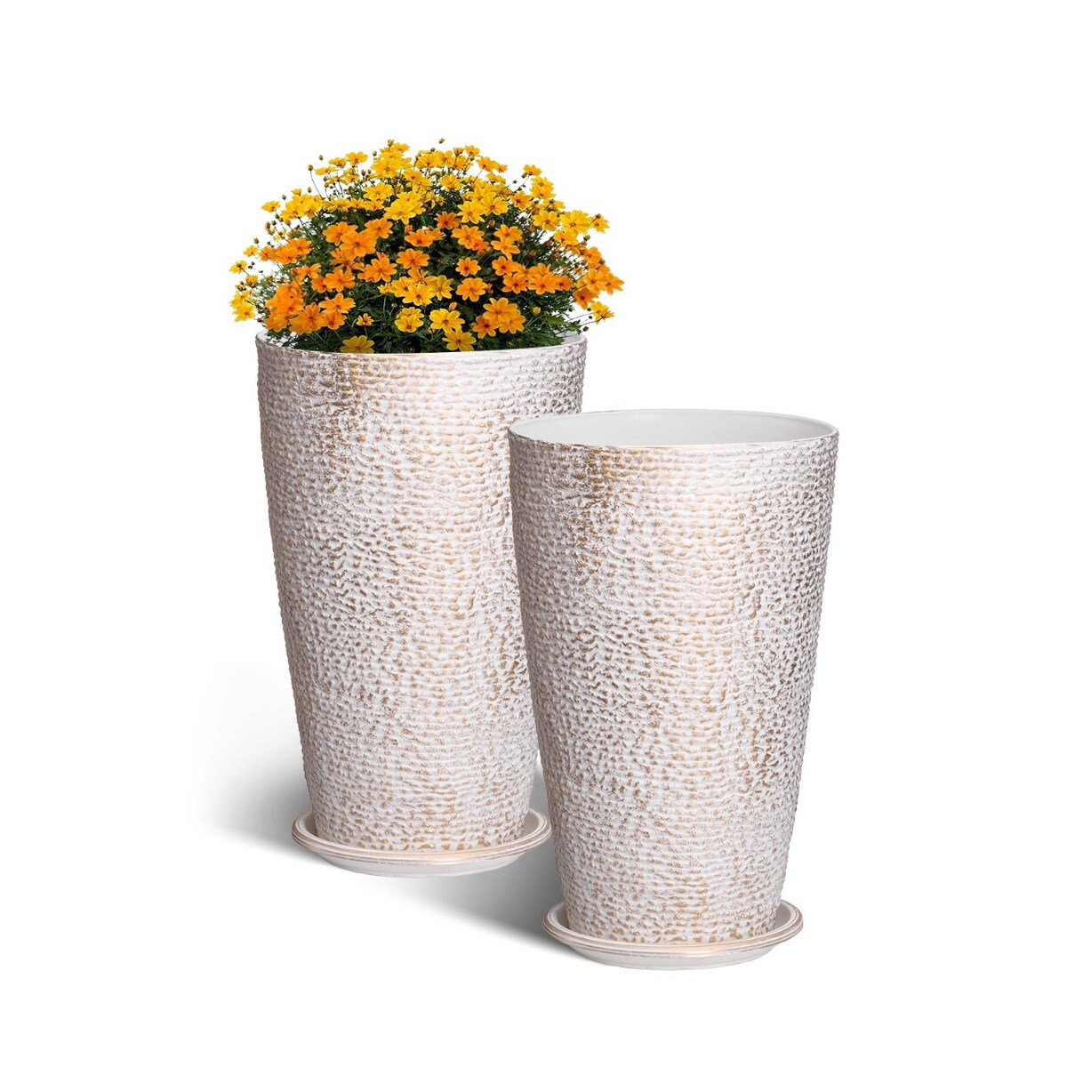 Beige PP Tall Planters Set of 2 with Gold Rim, Drainage Tray and Weather-Resistant Design