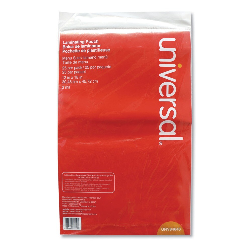 Universal 18 in. x 12 in. 3 mil Laminating Pouches - Gloss Clear (25/Pack)