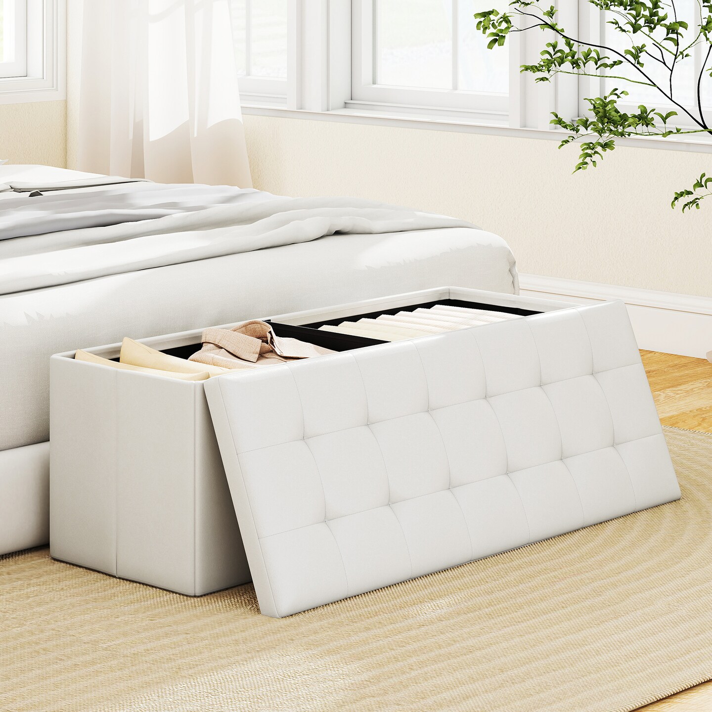 43-Inch PU Leather Foldable Storage Ottoman Bench with 38 Gallon Capacity and Removable Divider