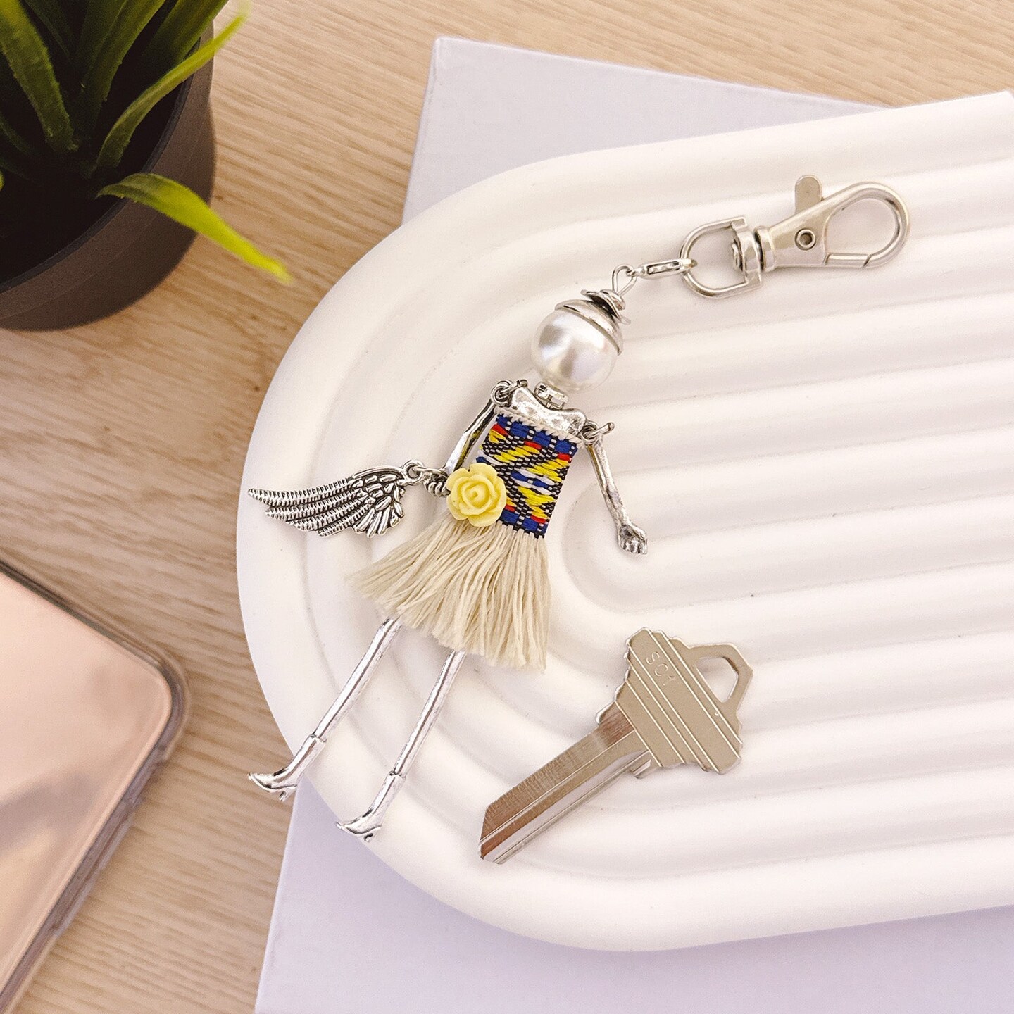 Wrapables Hanging Fashionista Doll Keychain, Crystal Rhinestone Keyring Bag Charm, Boho Rose