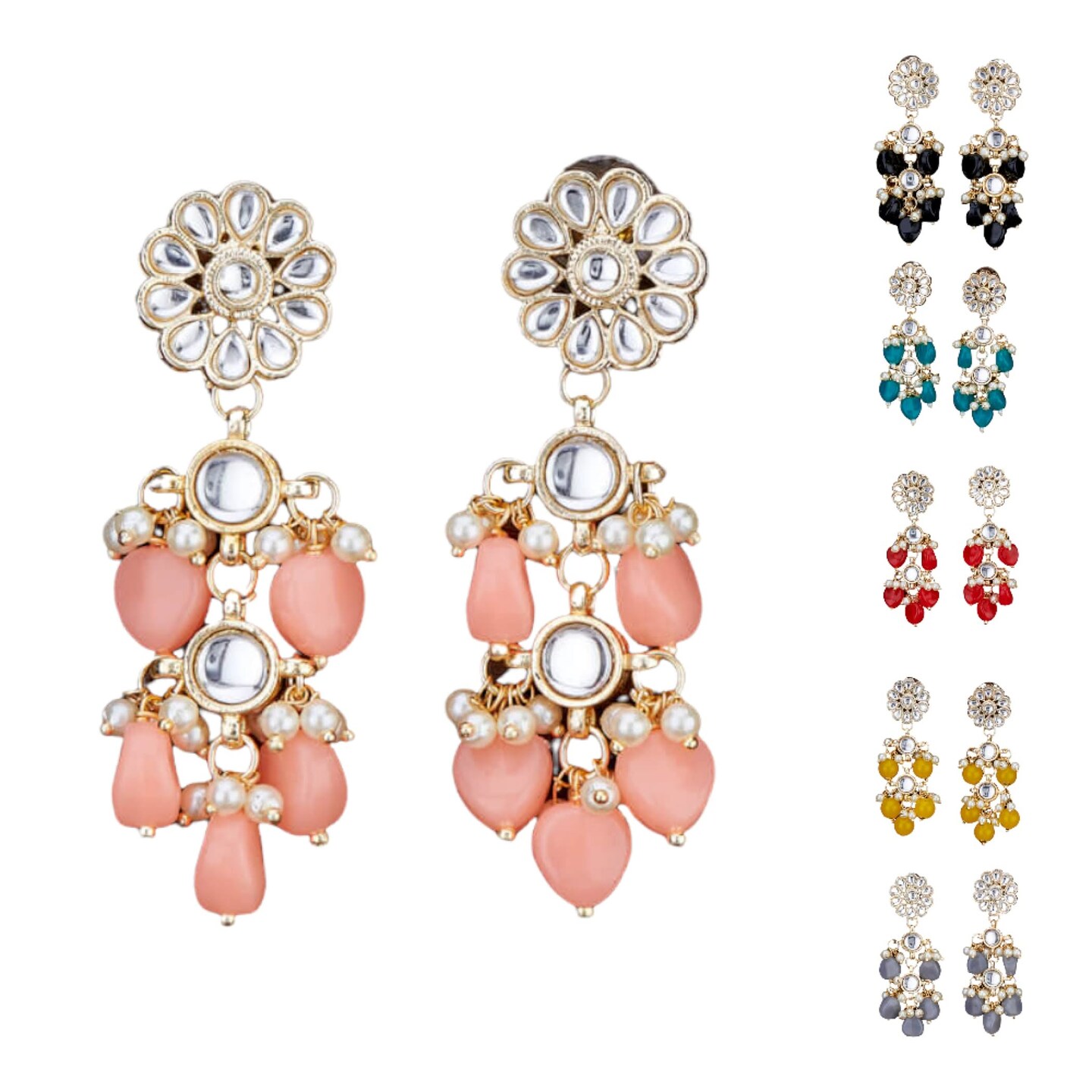 Indian Jhumka Earrings for Women - Large Floral Kundan Faux Pearls Drop Chanbali Earrings Indian Jhumki Ethnic Beaded Bollywood Style Dangle Earrings Jewelry for Bride Birthday Gift for Her