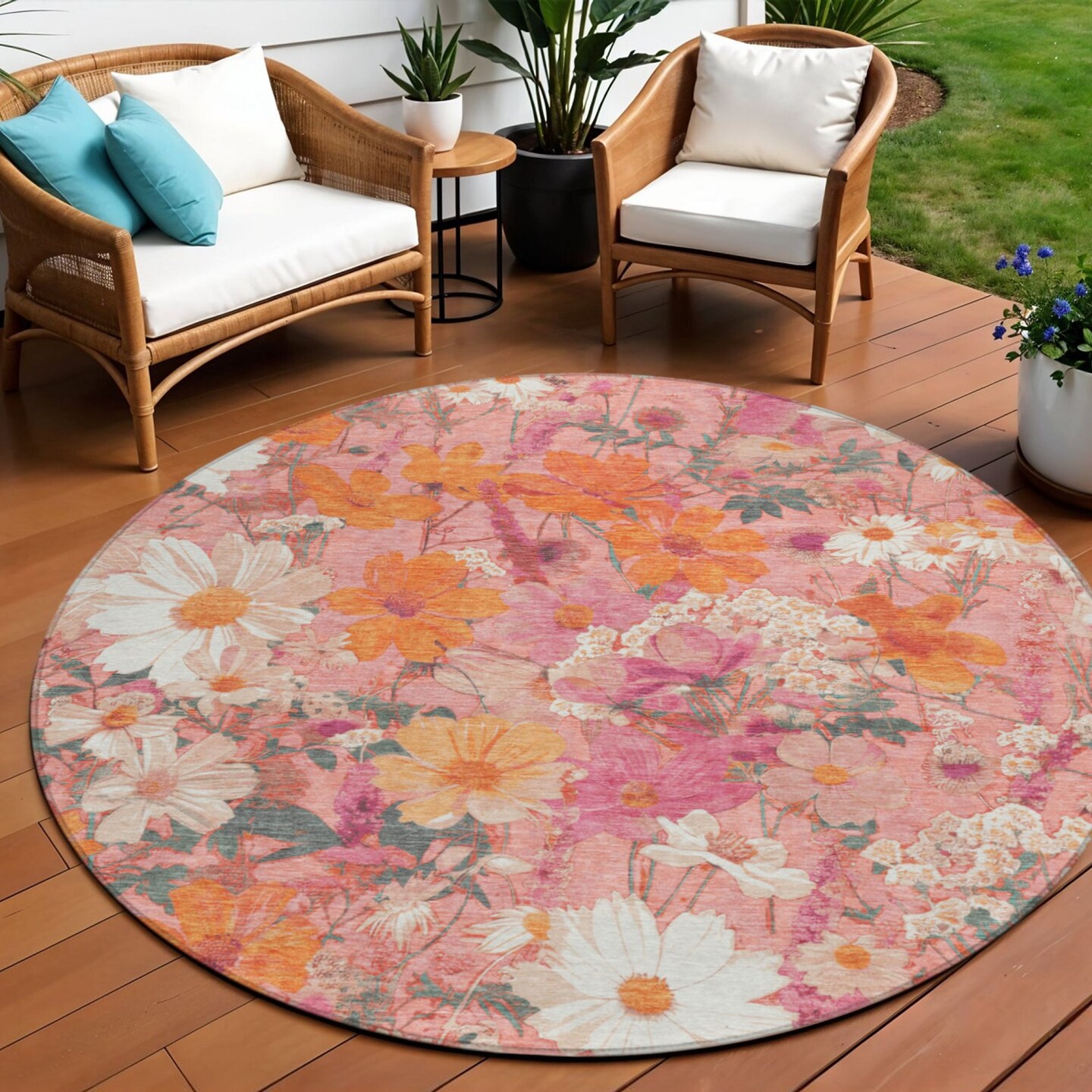 Edge Collections - 8' - Multicolor - For Area Rug Floral Washable Indoor and Outdoor Use - 1 Piece