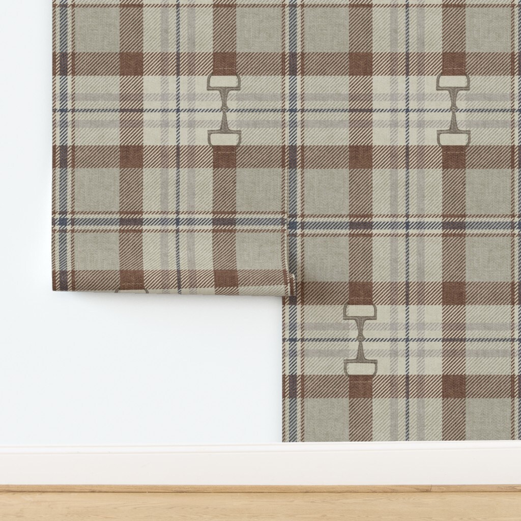 Equestrian Autumnal Plaid Heritage Cozy English Rustic Tartan Neutral Farmhouse Tack Room Snaffle Horse Bit Classic Traditional Brown Modern Custom Removable Wallpaper by Spoonflower Peel & Stick Wallpaper 2FT Wide