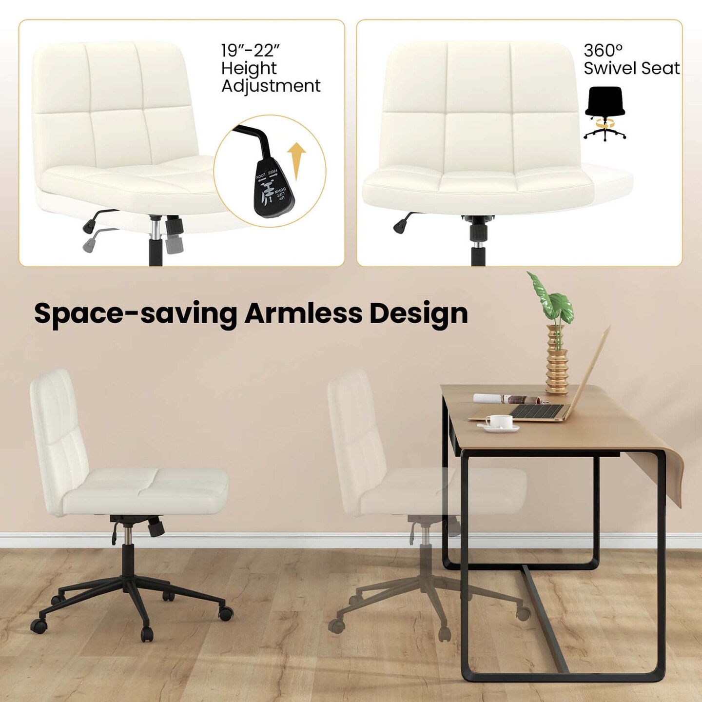 Costway Criss Cross Chair with Wheels Oversized U-shaped Seat Wheels for Home Office Beige/Brown